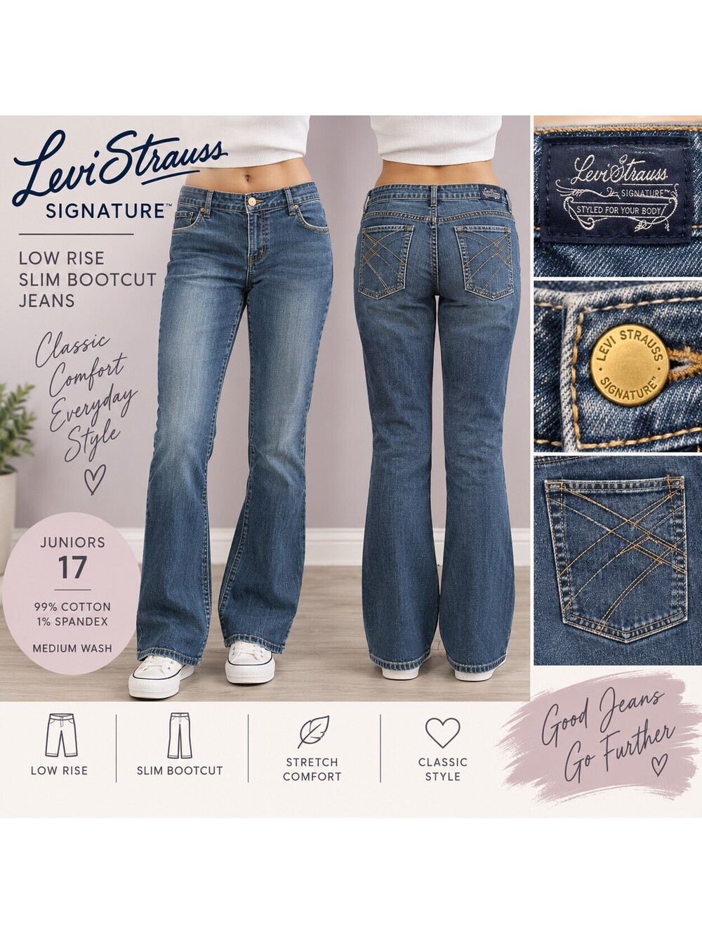 Levi Strauss Signature Juniors 17 Low Rise Slim Bootcut Jeans Medium Wash